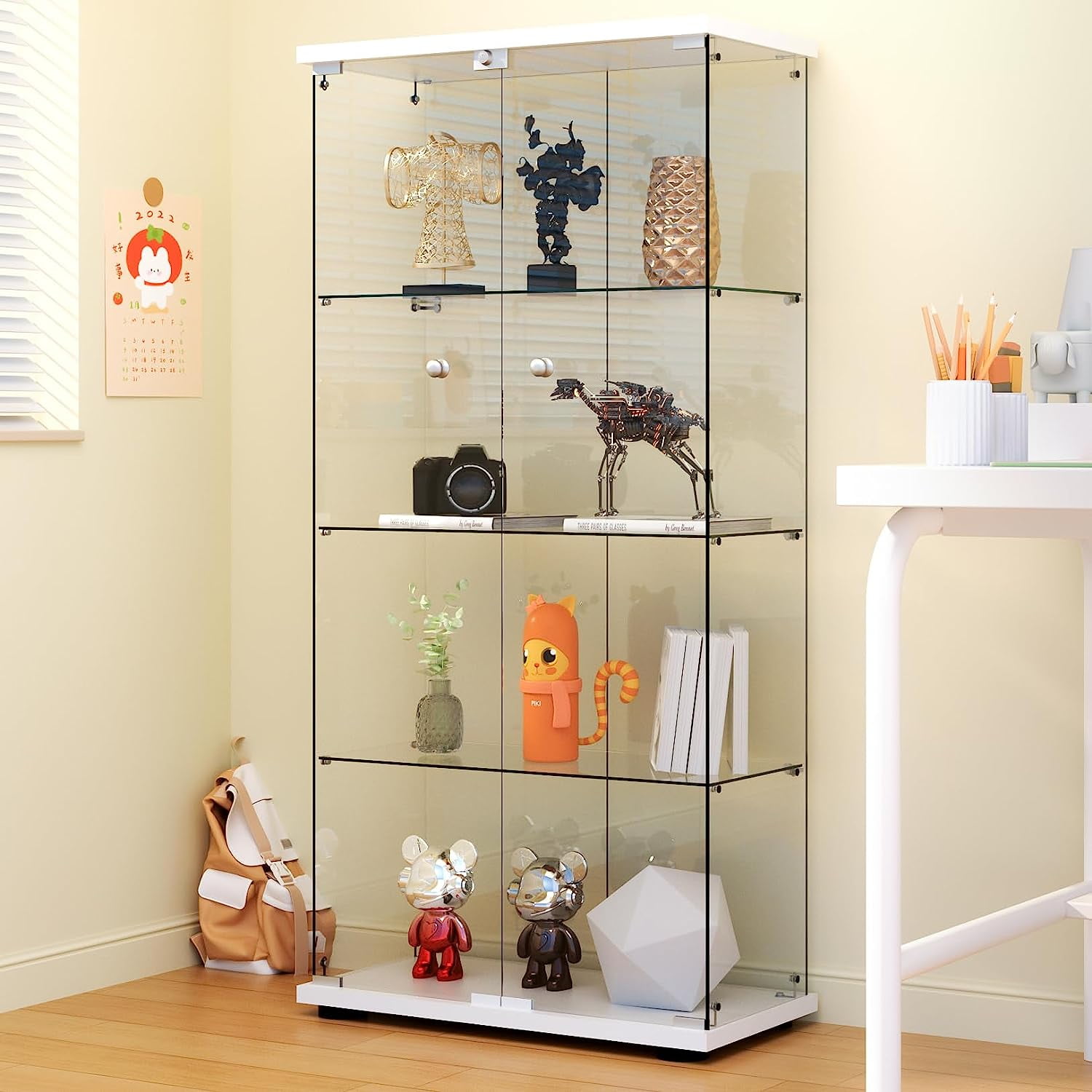 Kodu East Glass Display 4 Tier Cabinet Trophy Display Storage Shelf 2 Door  beech