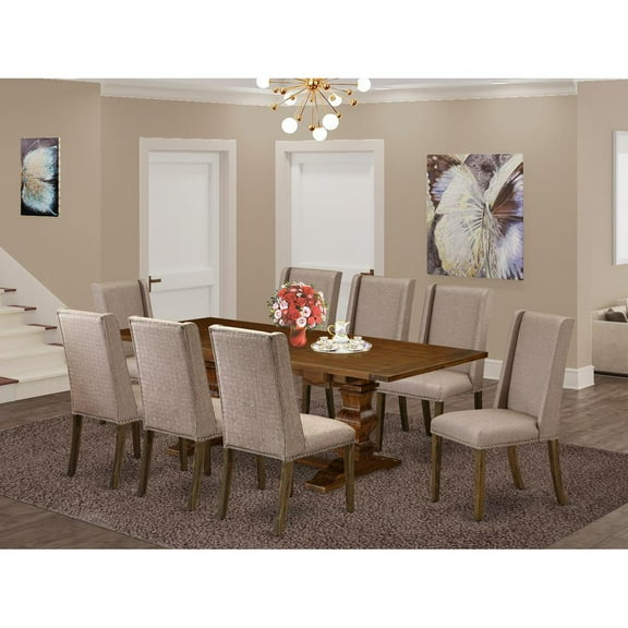 East West Furniture 9-piece dining set with Chair’s Legs and Dark Khaki Linen Fabric