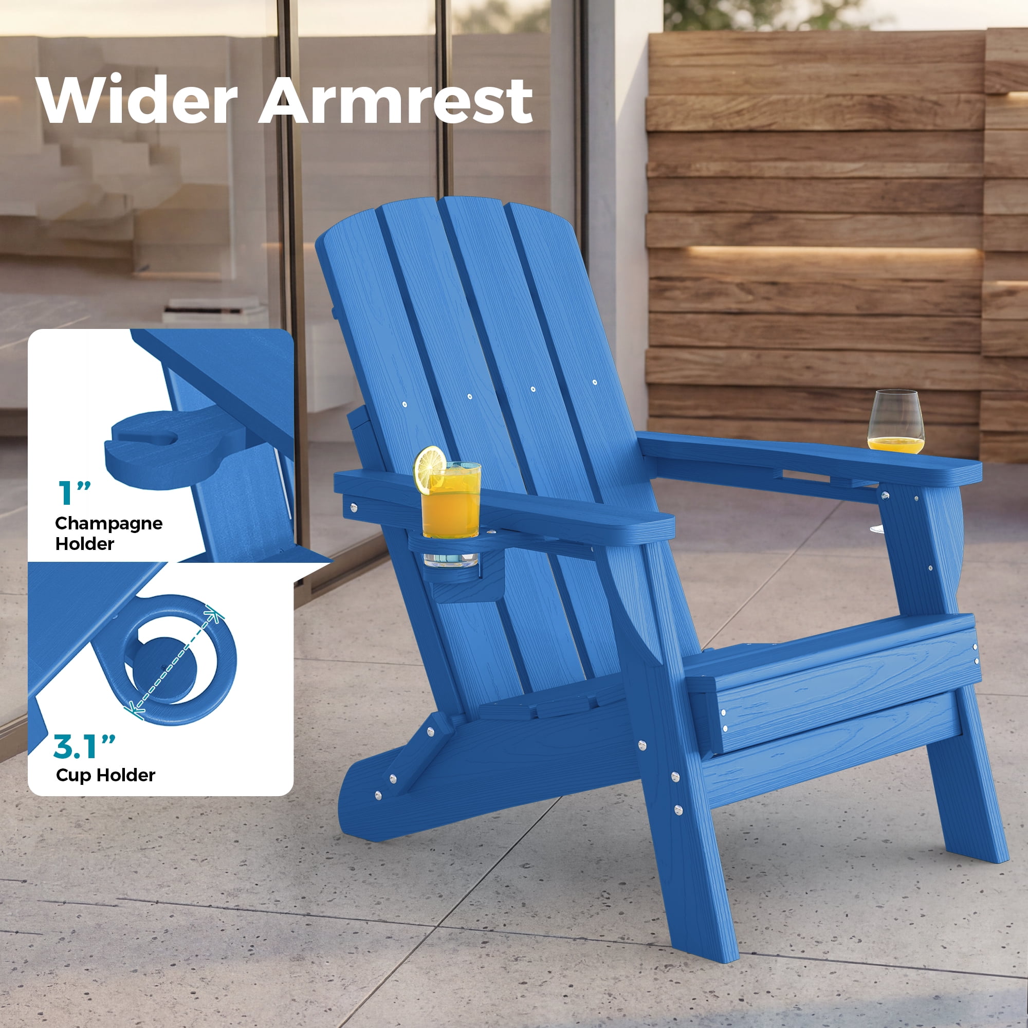 Adirondack Chair Set of 4, Outdoor Folding All-Weather HDPE Adirondack Chairs with 2 Cup Holders for Patio, Blue