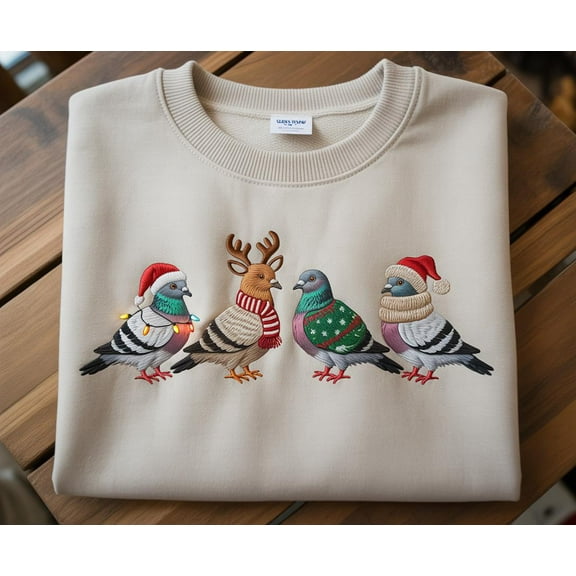 Christmas Pigeon Embroidered Shirt Funny Bird Christmas Ugly Xmas Sweater Style Top | Animal Lover Holiday Gift Winter Crewneck for Her