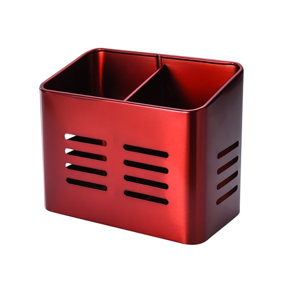 Metal Utensil Holder, Cutlery Caddy With Drain Holes, Double Chopstick Organizer Basket for Kitchen Countertop Storage, Red