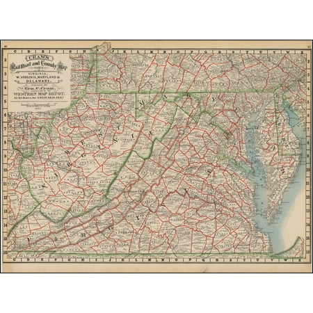 Maryland Map Counties LAMINATED POSTER Cram's Rail Road & County Map of Virginia, W. Virginia, Maryland and Delaware . . . 1882 POSTER PRINT 24 x 36 ()