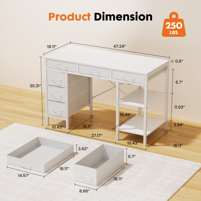 Gianna 47" Computer Desk with 6 Drawers, Home Office Gaming Desks with Storage Shelves for Bedroom, Writing Study Corner Living Room Work Table White