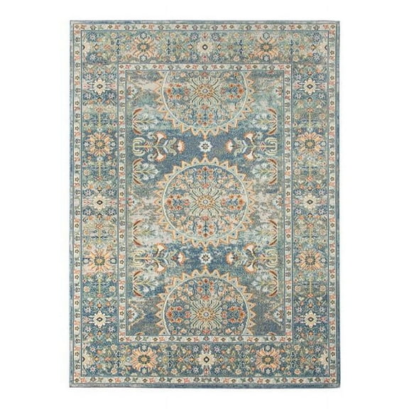 5 x 7 ft. Blue & Orange Floral Medallion Stain Resistant Indoor & Outdoor Rectangle Area Rug