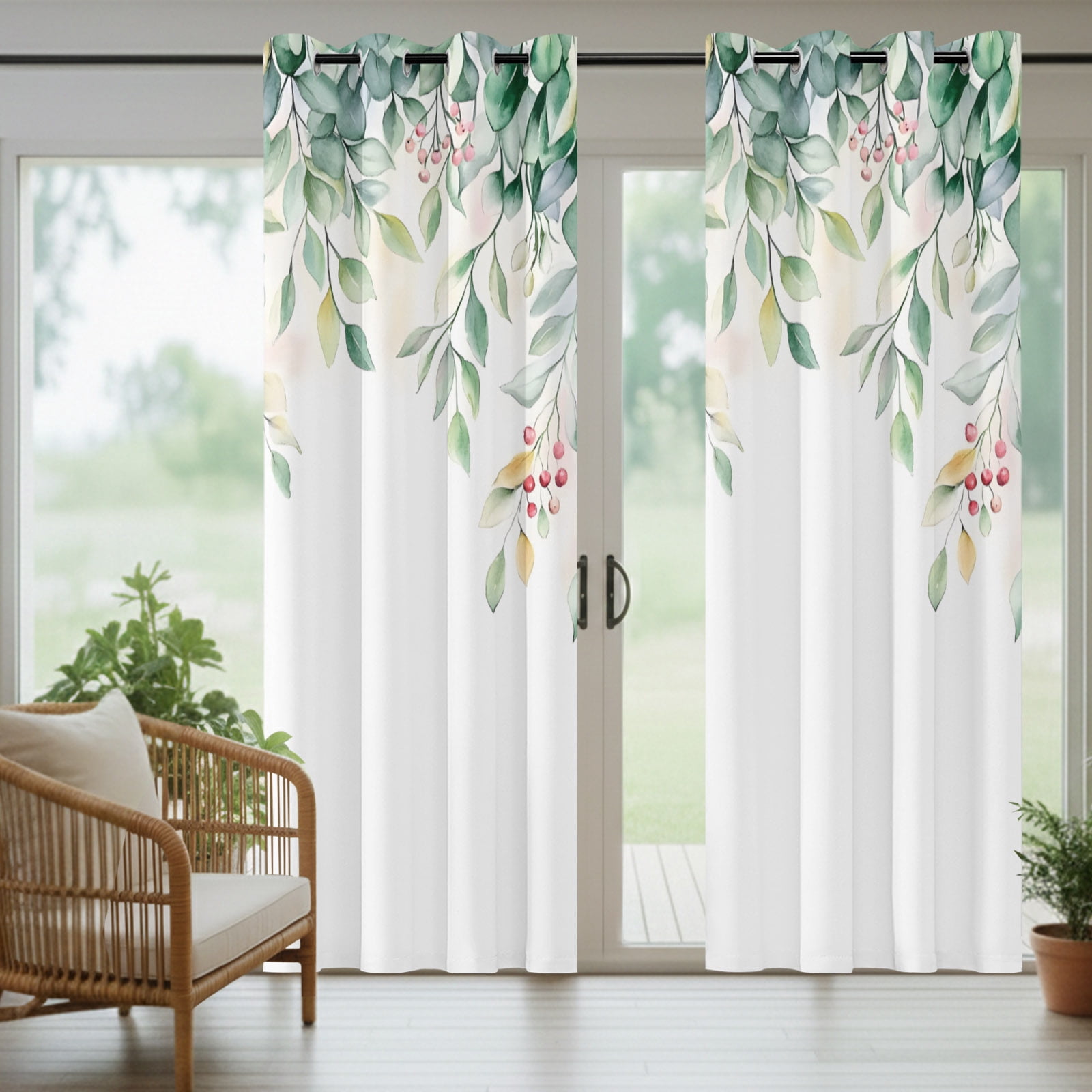 Outdoor Curtains for Patio Waterproof, Eucalyptus Windproof Pravicy Outside Porch Blackout Curtain, Retro Green Spring Botanical Leaf Red Fruit Sun Blocking Grommets Curtains for Cabana 54"x108"
