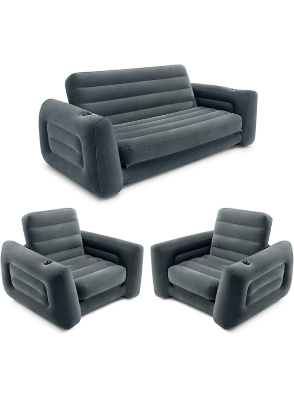 Inflatable Furniture Set with Pull Out Sofa Chair Twin Sized Air Bed Mattress and 2 Pull Out Sofa Bed Sleep Away Futon Couch, Dark Gray