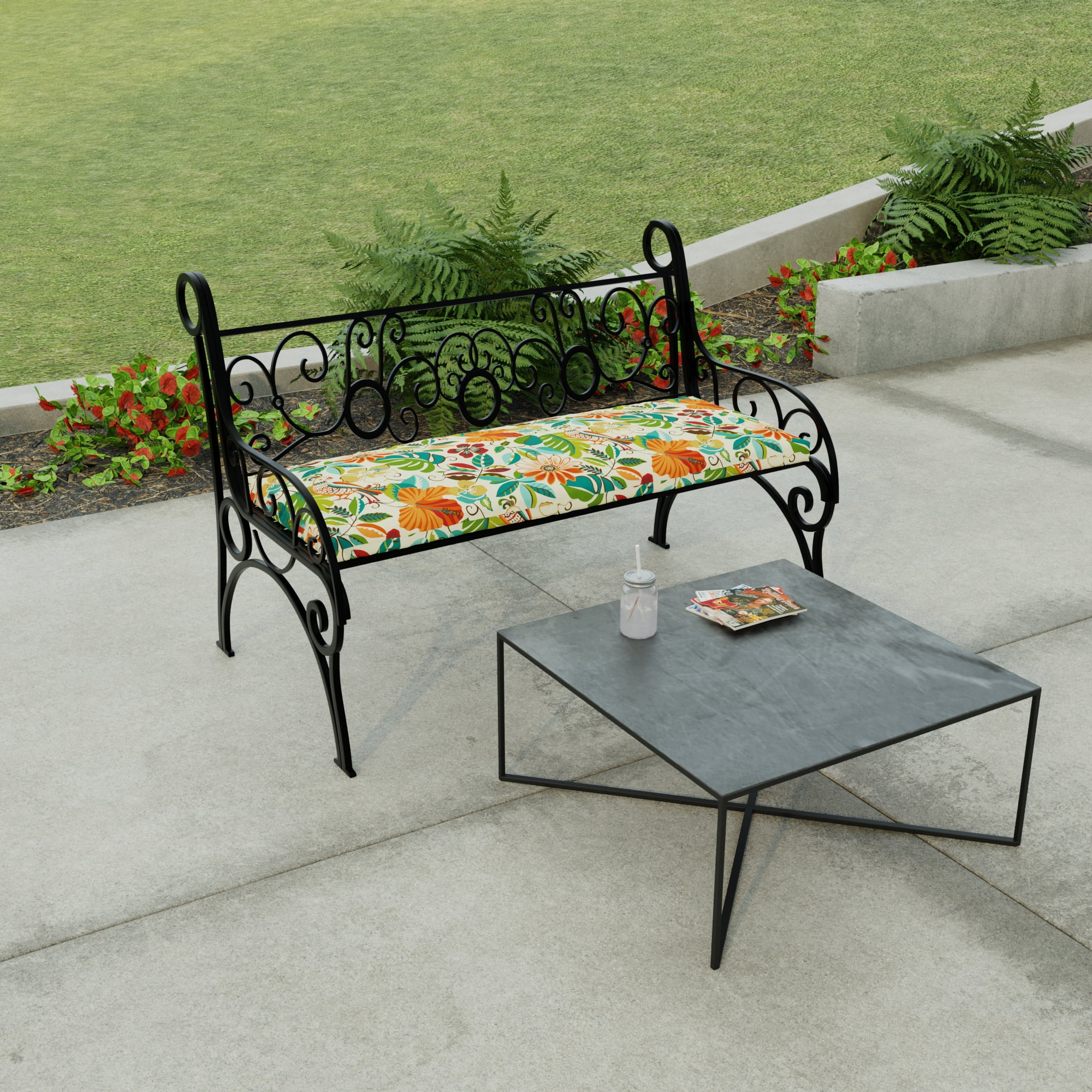Jordan Manufacturing 48" x 18" Lensing Jungle Multicolor Floral Rectangular Outdoor Settee Swing Bench Cushion with Ties