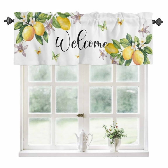 Yellow Lemon Kitchen Valances for Windows 60x18 Inch Kitchen Curtains Valances Rod Pocket Floral Flower Butterfly Watercolor White Bathroom Window Valances for Window Treatment Decor