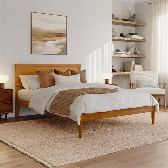 Pemberly Row Full Solid Wood Platform Bed with Slats in Light Toffee