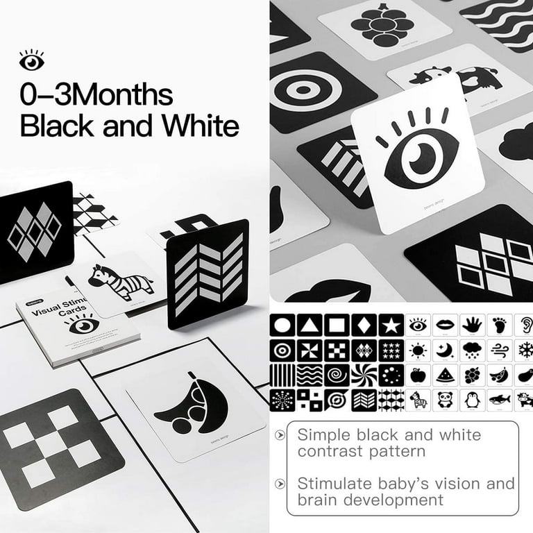 Carte Colorée Noir et Blanc,160 Pcs Carte Contraste Bebe Stimulation  Visuelle,Jouet Bebe pour 0 3 6 36 Mois - Cdiscount Jeux - Jouets
