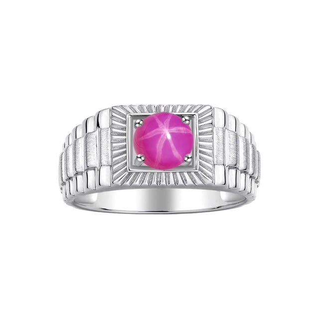 RYLOS Men's Ring Sterling Silver Ring, 7MM Round Shape Gemstone Designer Style Rings Star Ruby July Birthstone Rings Silver Size 8