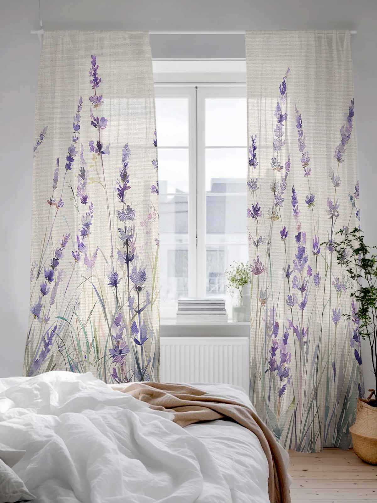 Spring Flower Sheer Curtains for Living Room Bedroom, Vintage Purple Lavender Linen Texture Light Filtering Sheer Curtain Rod Pocket Voile Window Treaments Drapes, 52 x 108 Inches