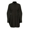 thumbnail image 3 of Female Button Up Long Sleeve Mini T Shirt Dress Lapel Collar Pleated Flared Short Dresses Black S, 3 of 9