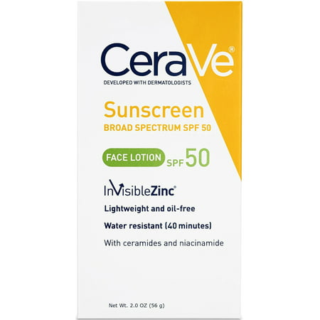 CeraVe Sunscreen Face Lotion SPF 50 2 oz with Zinc Oxide, Niacinamide and Ceramides for Broad Spectrum Sun (Best Zinc Oxide Sunscreen For Face)