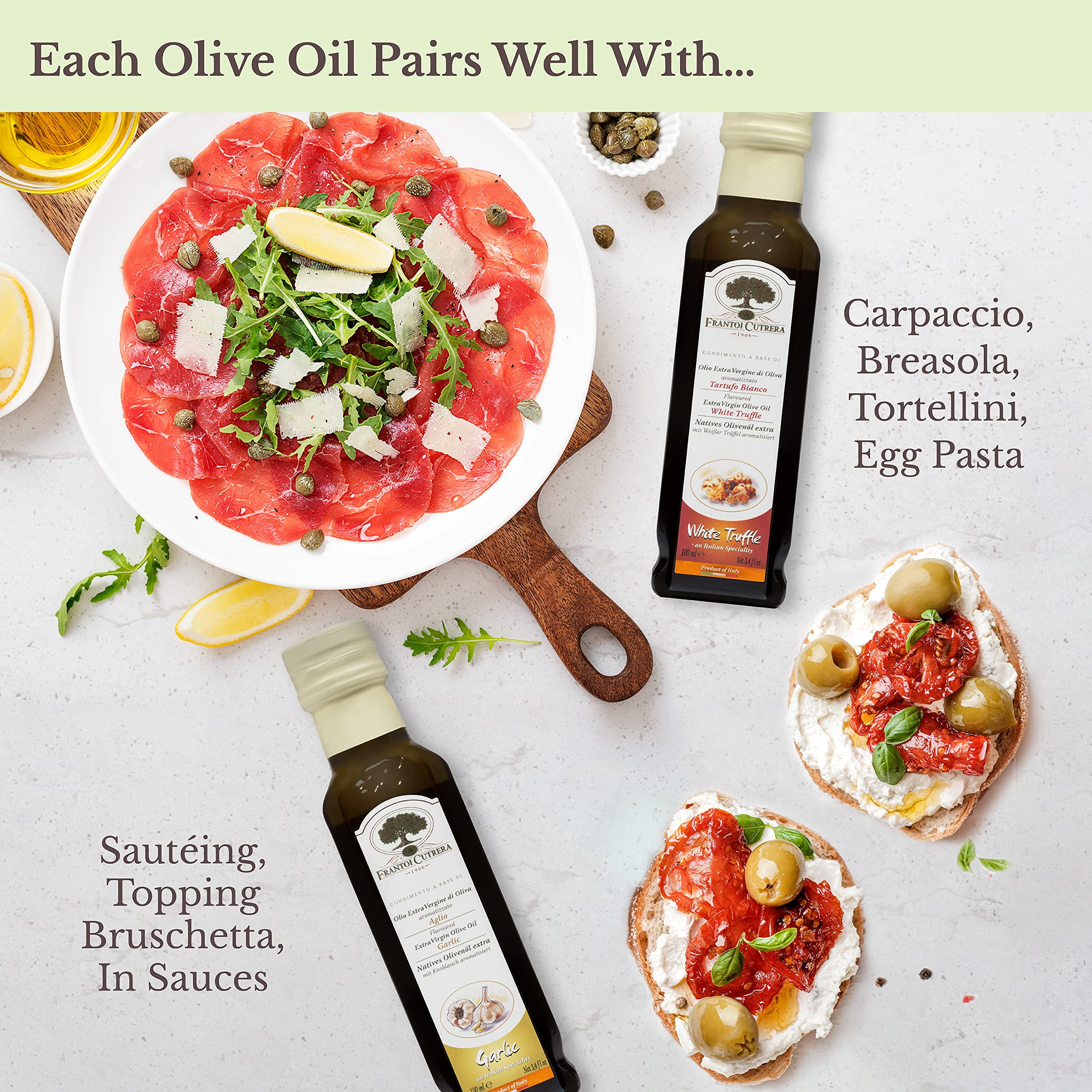 Mercato di Bellina Infused Olive Oil Tasting Set - Italian Original, Truffle, Garlic, and Lemon Flavored Olive Oil Gift Set for Cooking and Dipping Bread - Made in Italy - 4 X 3.38 fl oz (100ml)
