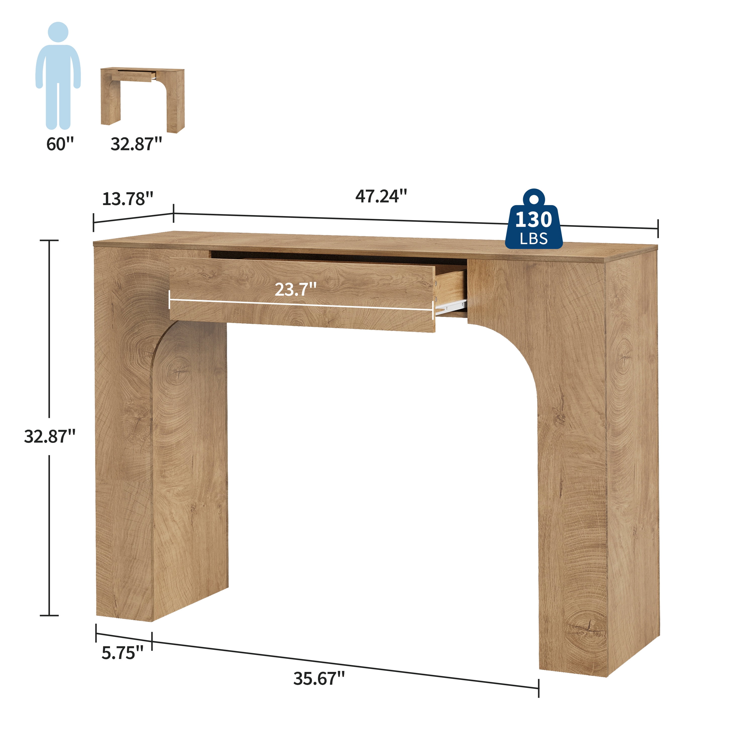 47" Long Console Table with Drawer, Narrow Entryway Table with Anti-Tipping Kit, Farmhouse Walnut Sofa Table for Hallway, Living Room, TV Stand, Chate Annual‑Ring Oak