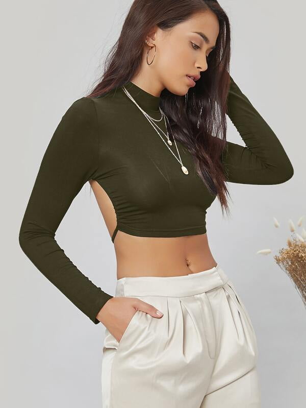 Women's Sexy Long Sleeve Backless Crop Top Slim Shirts Party Club Blouse Top