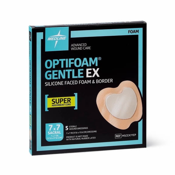 Optifoam Gentle EX Sacral Silicone-Faced Bordered Foam Dressing, 7" x 7", 5 Count