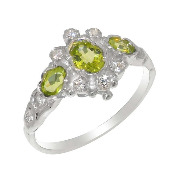 LBG British Made 9k White Gold Natural Peridot & Diamond Womens Anniversary Ring - 33 size options - Size 5