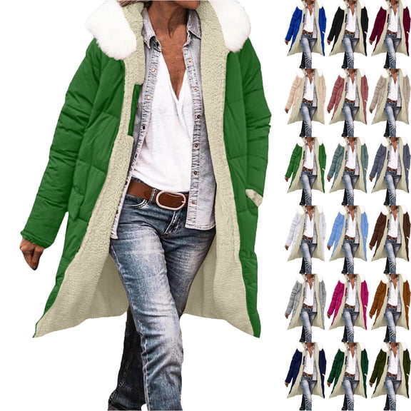 Zeliretfy Jackets for Women Winter Jacket Fleece Coat Long Sleeve Jacket Casual Loose Hooded Jacket Detachable Hat Collar With Pockets Warm Parka Coat Reversible Long Coat