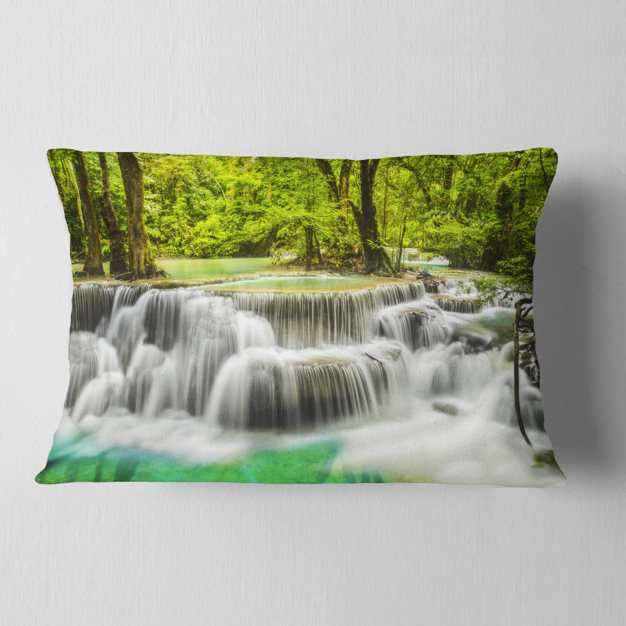 Designart Erawan Waterfall View - Photography Throw Pillow - 12x20