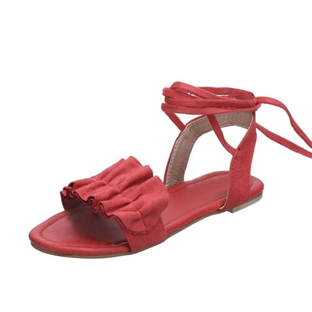 

Noarlalf sandals for women dressy summer Women Solid Color Ruffles Round Toe Flat Heel Cross Tied Sandals Rome Shoes RD womens sandals