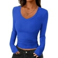 thumbnail image 2 of Women Long Sleeve V Neck Slim Fit Shirts Basic Tee Tops 2025 Fall Casual T Shirt Blouse Outfits Clothes Blue S, 2 of 5