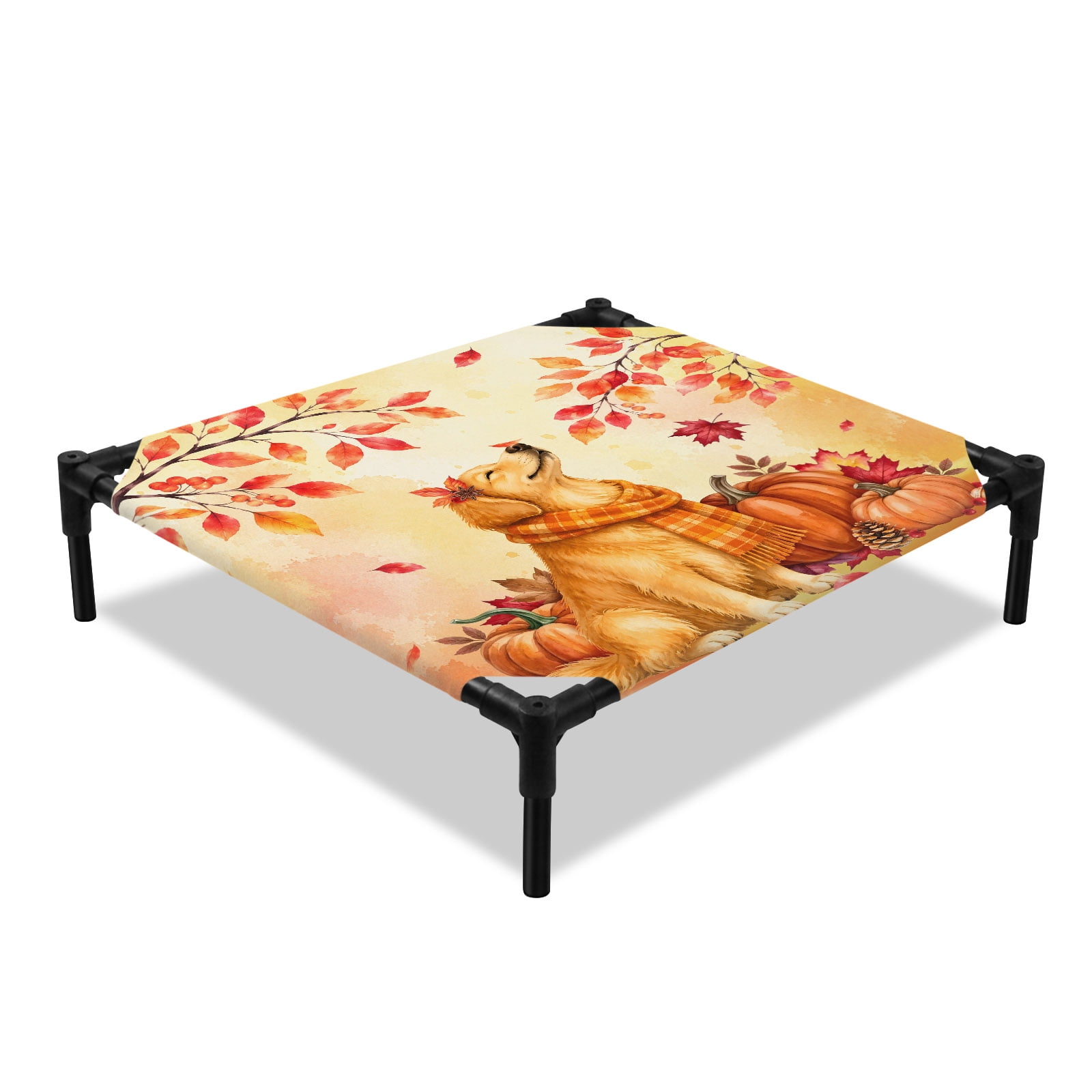Golden Retriever Elevated Dog Bed Fall Dog Orange Pumpkins Maple Leaf Yellow Cooling Breathable Outdoor Raised Dog Cot Bed with Metal Frame Non-Slip Feet for Small Dog 20x20in