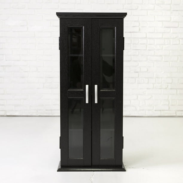 walker edison 41" wood media storage accent cabinet with glass doors, black