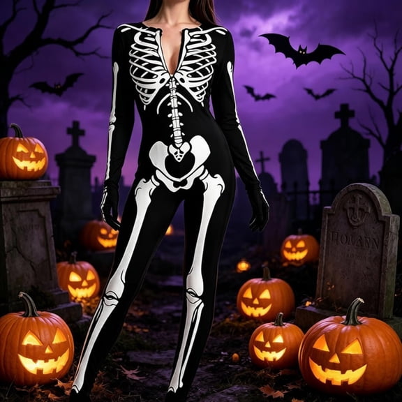 HOWPAY Adult Halloween Costumes Bone Skeleton Bodysuit Cosplay Outfit Full Frame One Piece Jumpsuit For Men Women Halloween Masquerade Party Wear Halloween Costumes L