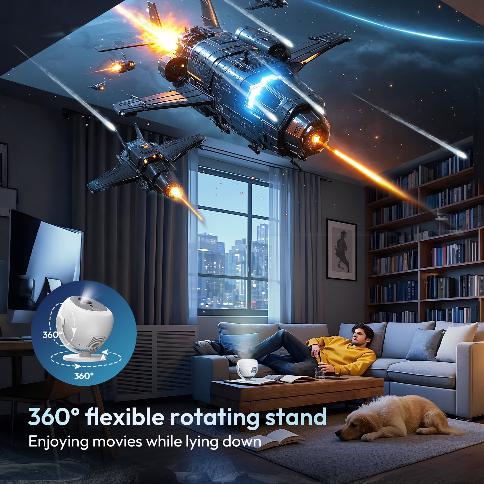 XGODY A2 Wifi & Bluetooth 1080P Mini Projector,40-120" Screen,Dual 3W Speakers,Set with Accessories, White, 1 Set