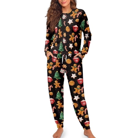 Bulopur Gingerbread Cookie Cocoa Women Pajama Set 2 Piece Lightweight Long Sleeve Winter Sleepwear for Night Wear Gift for Friend