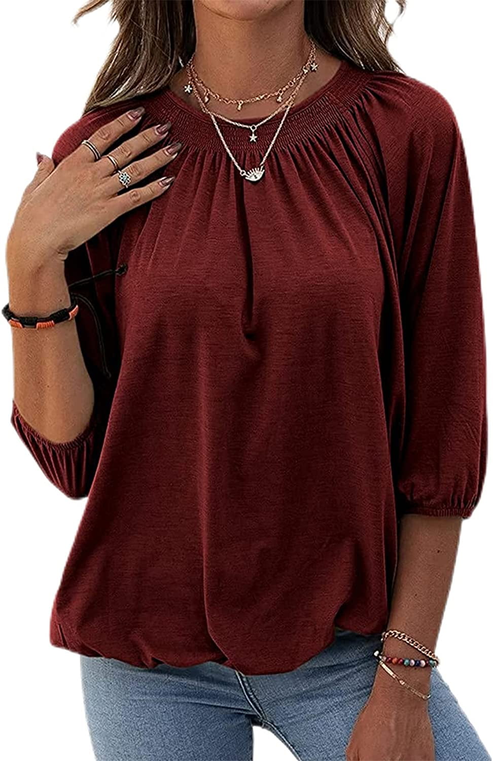 Womens 3/4 Sleeve Tops Casual Loose 
