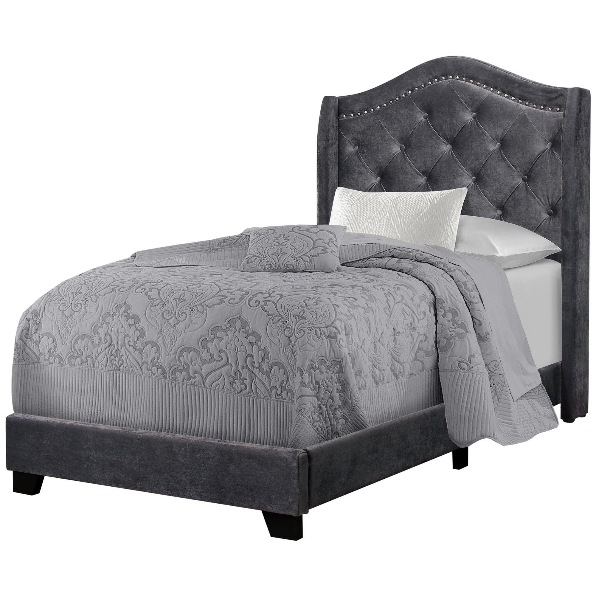 BED TWIN SIZE / DARK GREY VELVET WITH CHROME TRIM