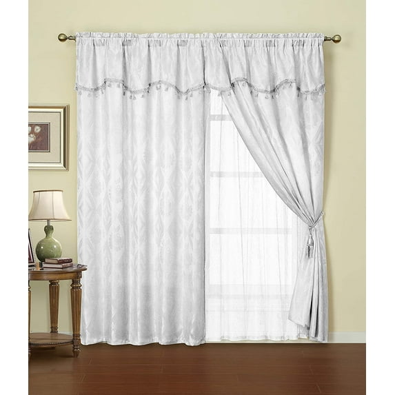 Sapphire Home 2 Panel Window Curtain Set 108" W x 84" L with Valance, Sheer Liner, 2 Tassels - Faux Silk Shiny Panels - Rod Pocket - Living Room Drape - Diamond-Leaf Floral, Shira, 84", White