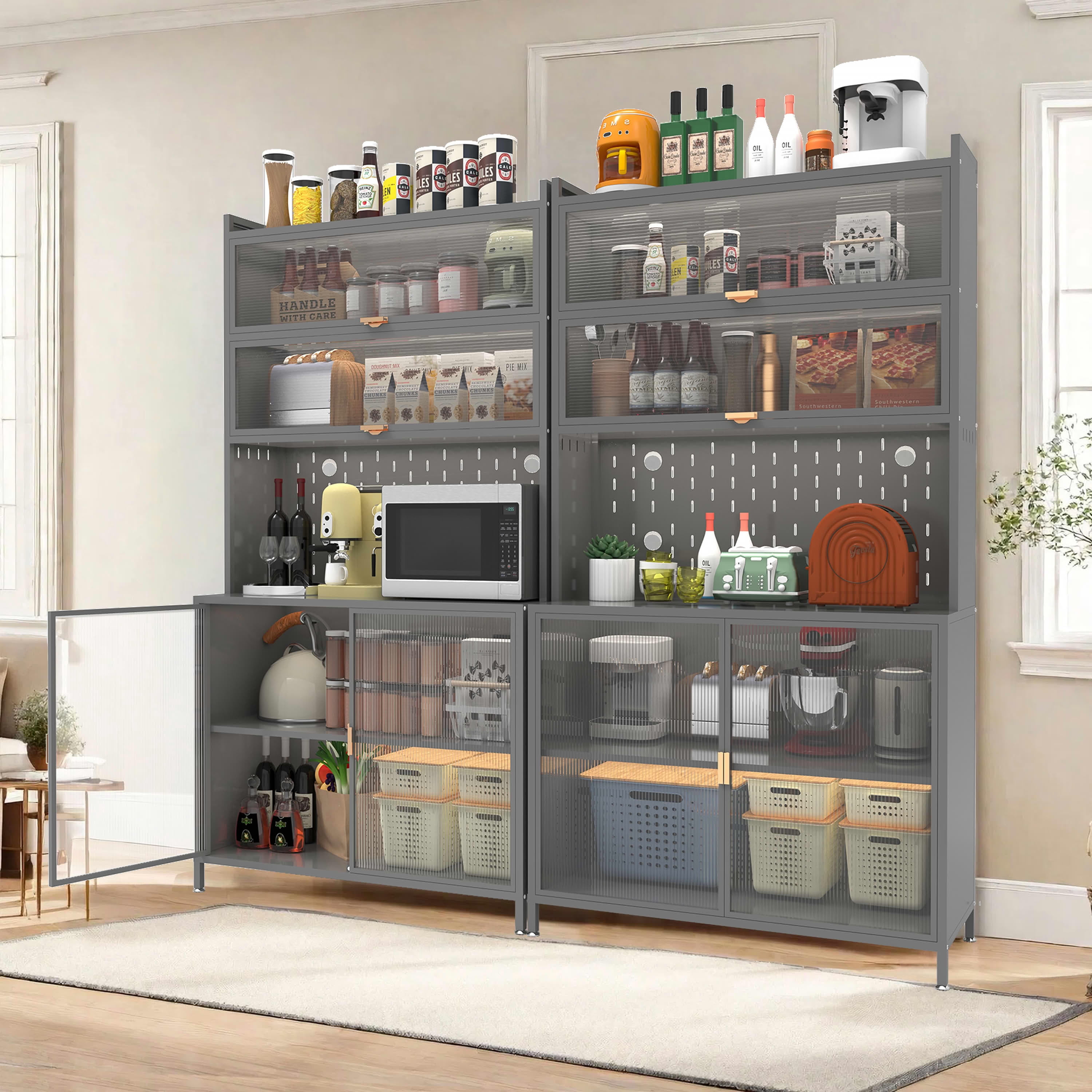 MAYEERTY 73" Tall Metal Kitchen Pantry Sideboard, 6-Tier with Pegboard & Flip Door, Anti-Tip, Grey for Kitchen & Living Room
