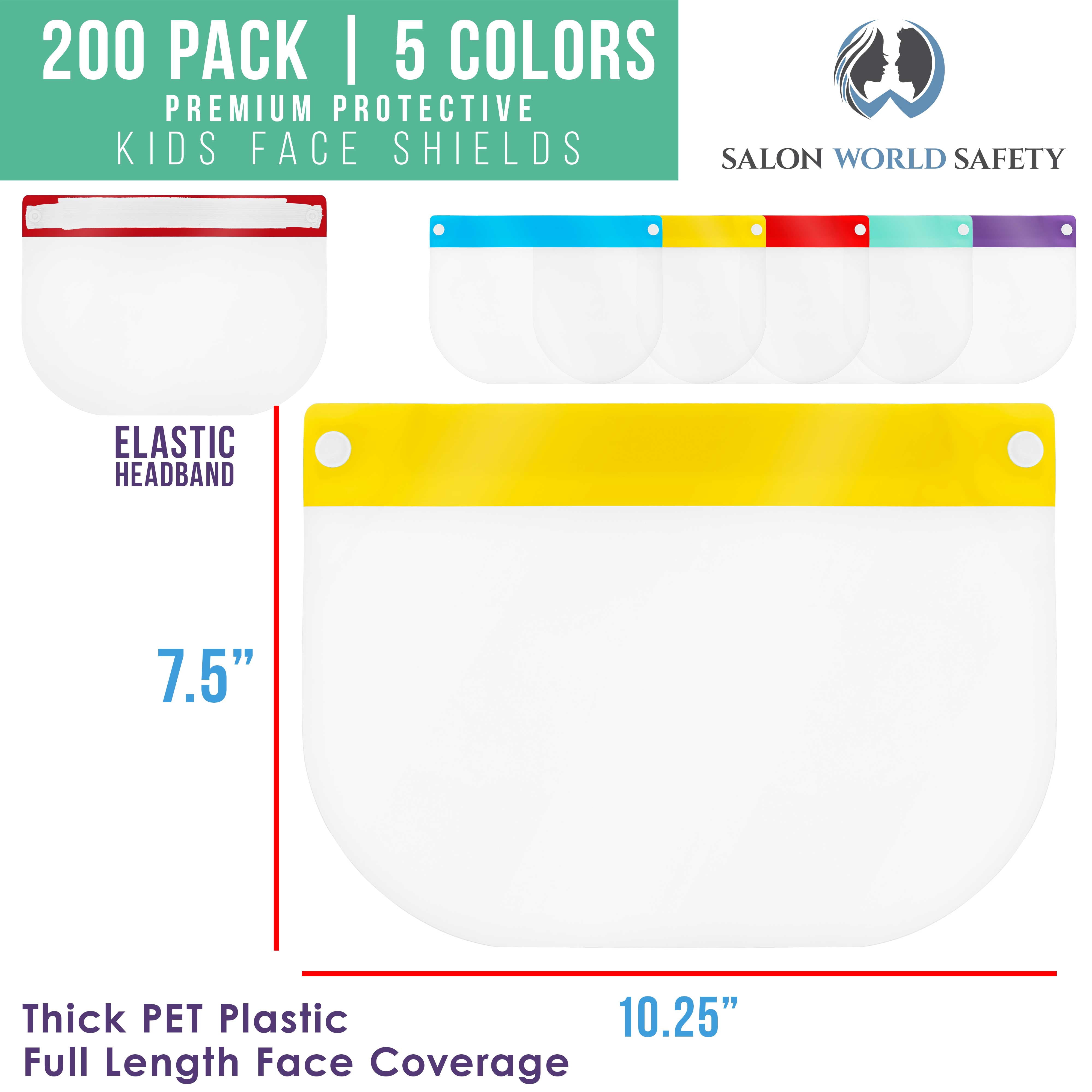 Salon World Safety 200 Kids Face Shields (20 Packs of 10) - 5 Colors, 40 of Each - Clear Protective Children's Full Face Shields to Protect Eyes, Nose Mouth - Anti-Fog PET Plastic, Headband