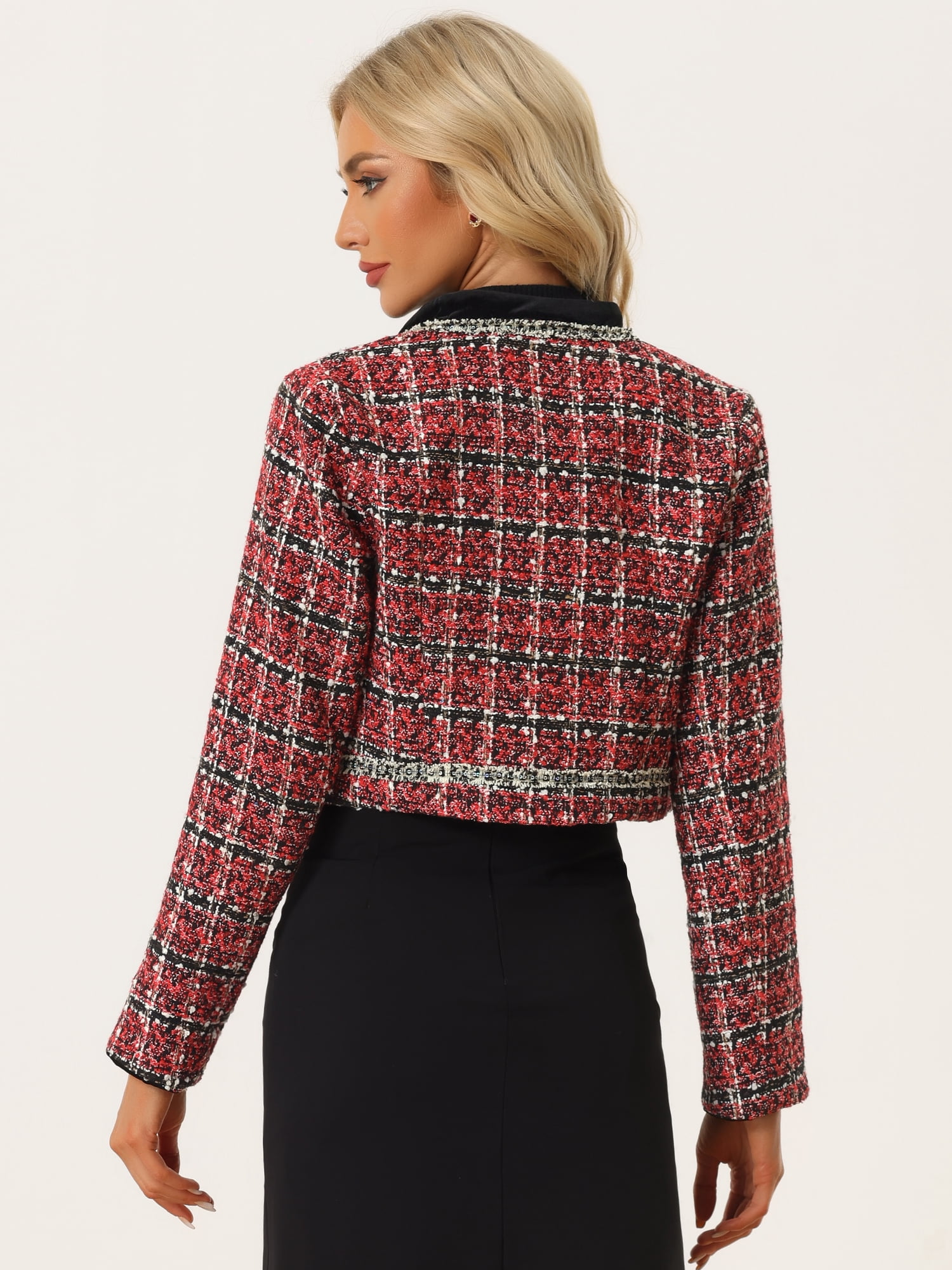 DARING DIVA Women's Double Breasted Plaid Tweed Cropped Jacket L Red