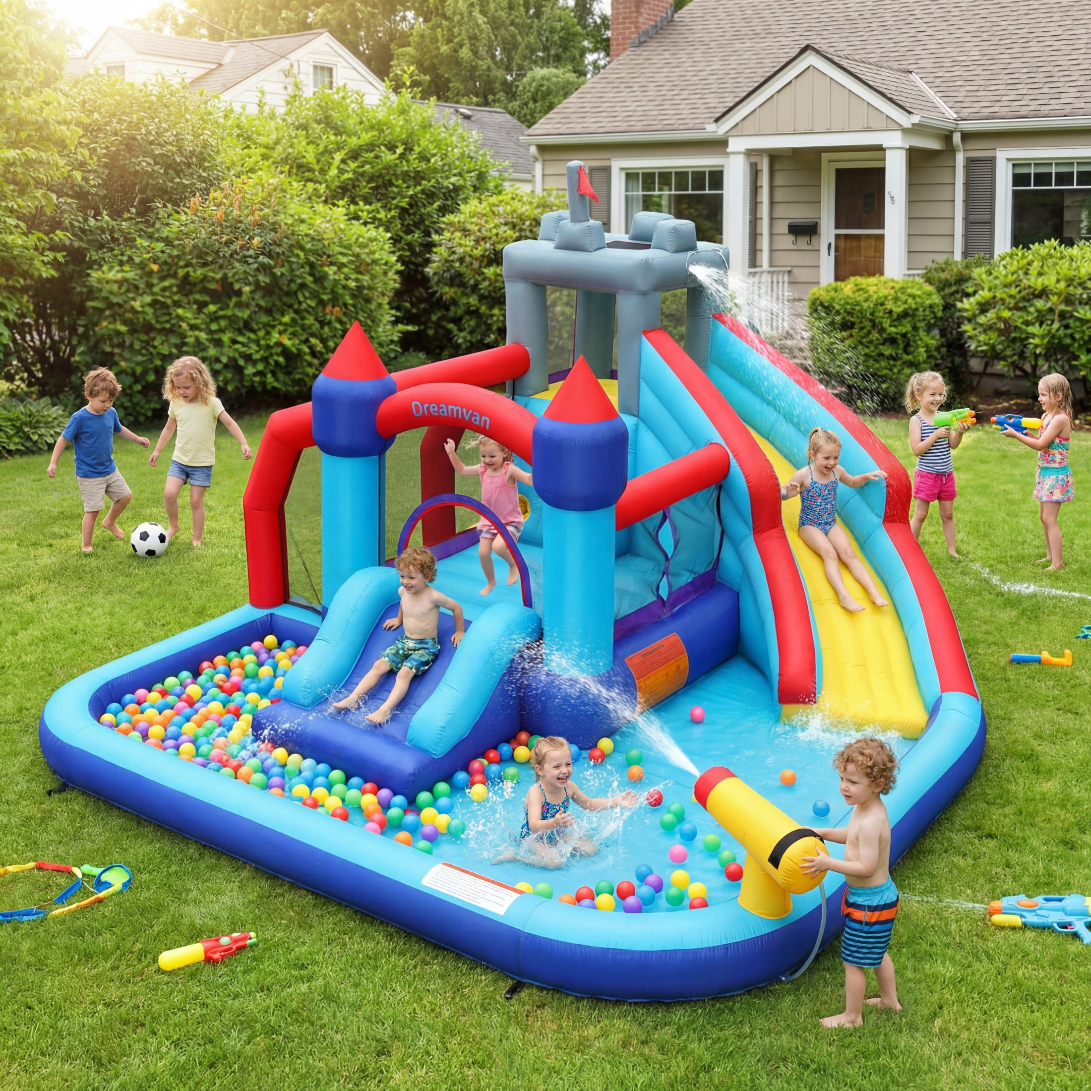 Veeboto Inflatable Bounce House for Toddlers with Blower, Inflatable Water Slide with Bouncing Slides, Climbing Wall, Bouncing Area, Basketball Hoop, Water Gun, Inflatable Castle with Football Area