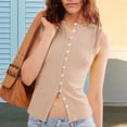 thumbnail image 3 of Women'S Scoop Neck Plain Button Front Ribbed Tank Top, Summer Sleeveless Knit Open Front Slim Fit Vest Khaki L, 3 of 5