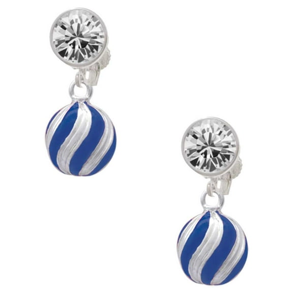 Silvertone 3-D Blue and Striped Ornament Clear Crystal Clip On Earrings