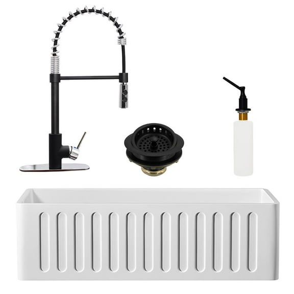 Westbrass BK133W18A-6226 33" Single Bowl Reversible Apron Front Solid Surface Kitchen Sink with Open Coil Faucet, Soap Dispenser and Drain Trim, Matte Black/Polished Chrome