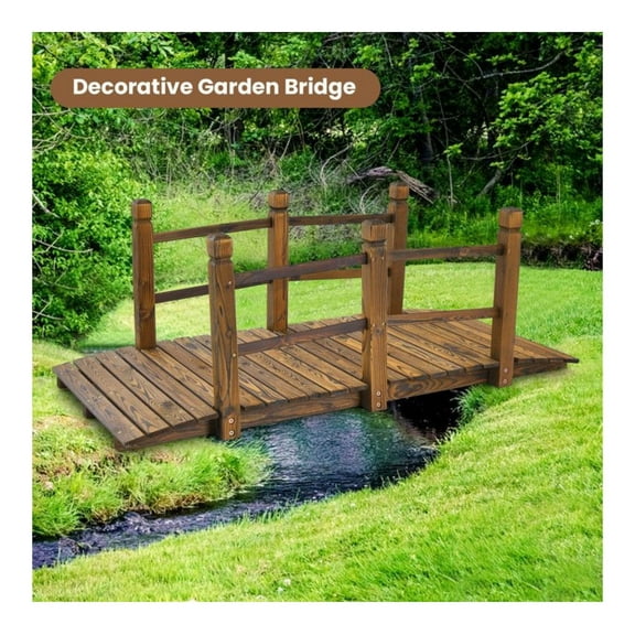 5ft Wooden Garden Bridge with Rails - Outdoor Arch Footbridge for Backyard, Creek, Landscape - Stained Fir Wood - 400lbs Capacity