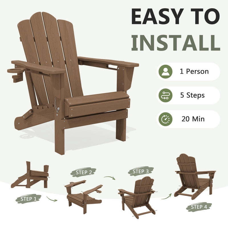 LOYALICE Folding Adirondack Chair with Dual Cup Holders, All-Weather HDPE Outdoor Patio Chair for Backyard, Poolside, Garden, Fire Pit, Brown