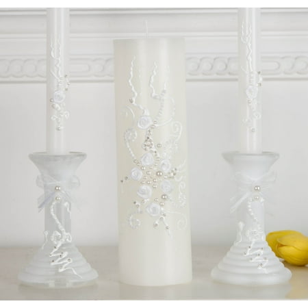 Handmade Wedding Unity Candle Set With Candle Holder In Pearl Ivory
