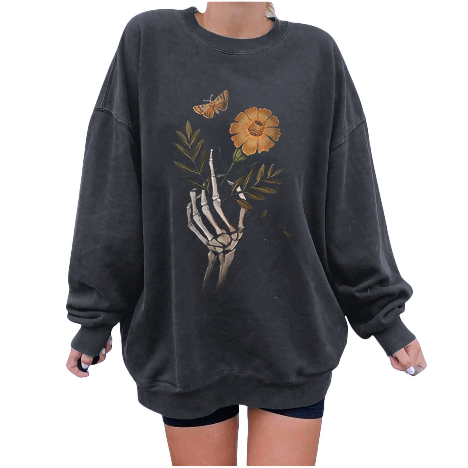 Ecrocoo Womens Floral Printed Blouses V Neck Long Sleeve Casual Shirts Ladies Autumn Loose Fit Tops Soft Drawstring Pullover,Black M 