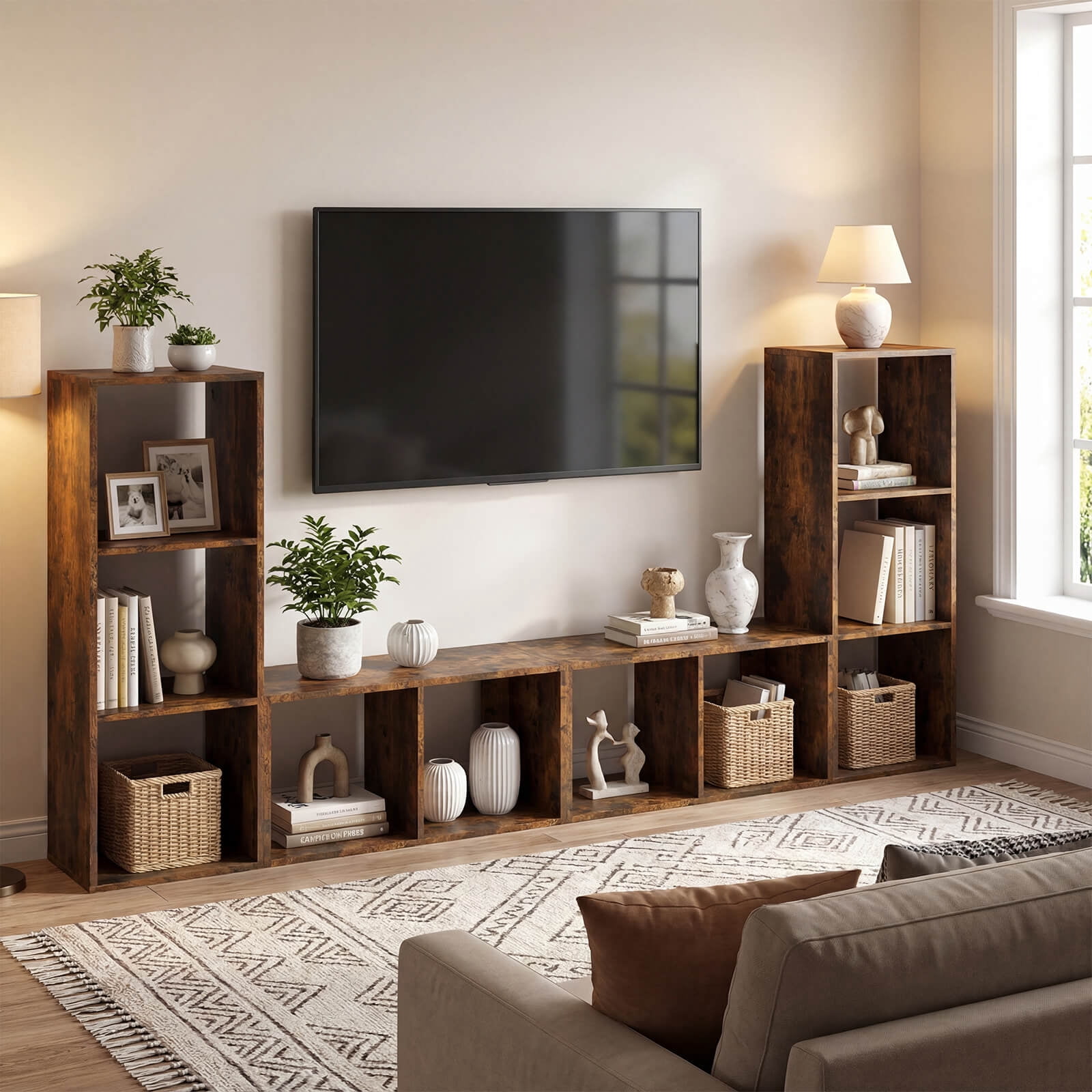 Costway 3-Cube Bookshelf,Modern Vertical Bookcase with Back Guardrail & Anti-tipping Kits Coffee