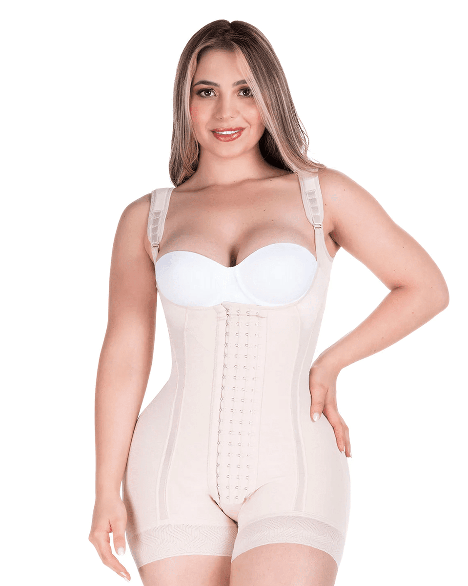 MariaE Fajas Bum Lift Tummy Control Mid Thigh Shapewear Bodysuit Open Bust With Front Hooks