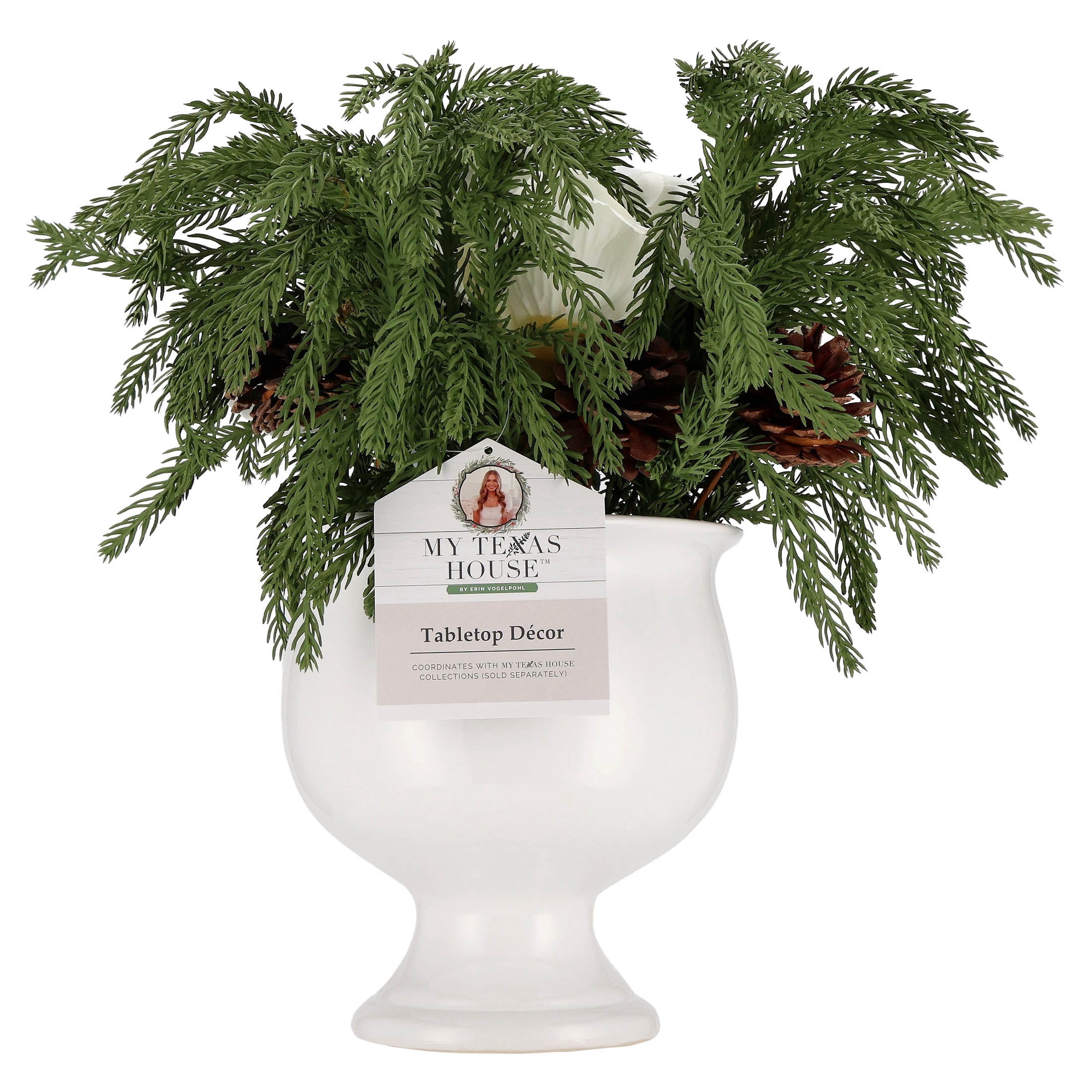 My Texas House Evergreen, Pinecone, and Magnolia Christmas Arrangement in Pot, Green and White, 15"