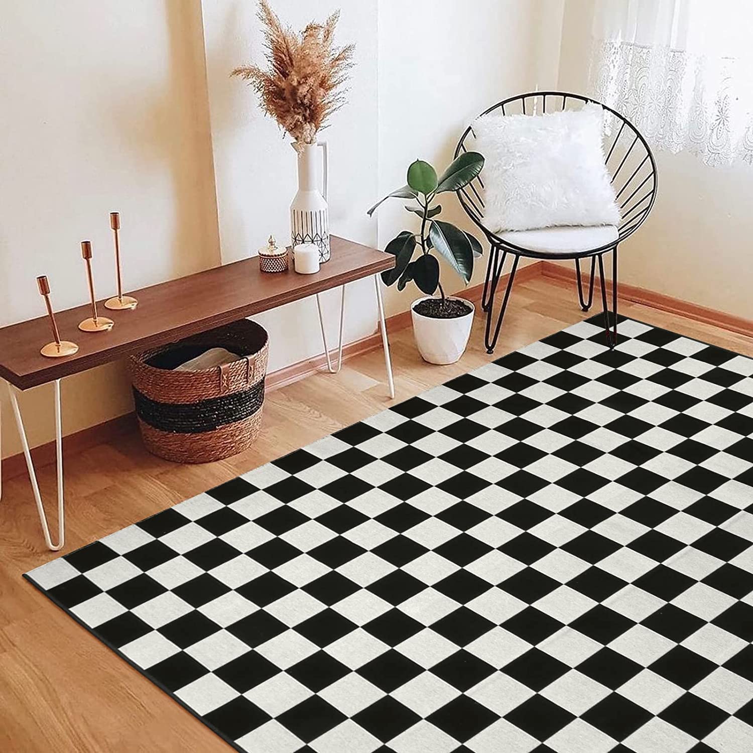 Black and White Checkered Outdoor Rug,2’X3’ Cotton Moroccan